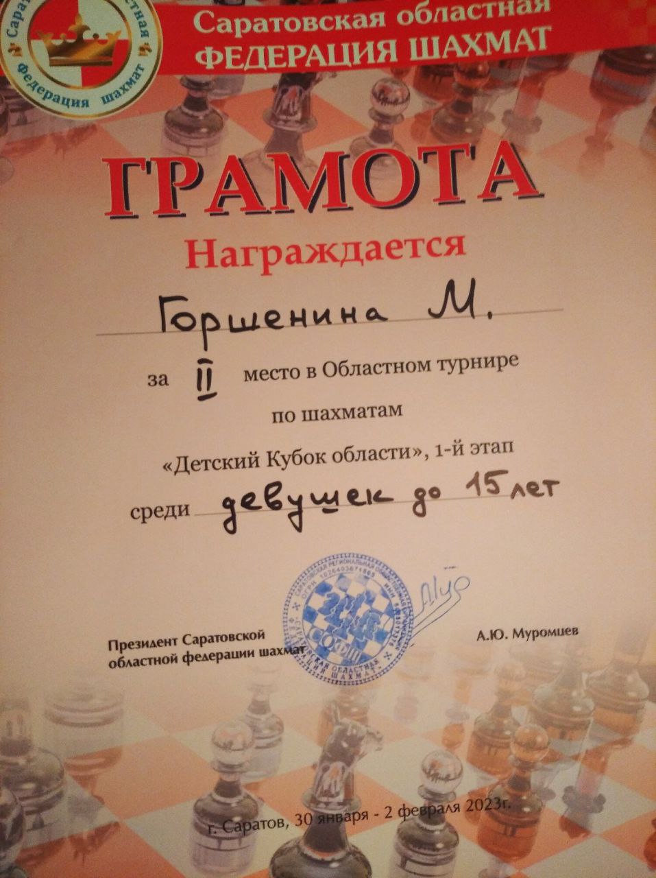 Победа в первом этапе Детского Кубка области по шахматам.